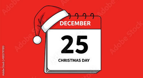 Festive calendar illustration marking December 25th with a whimsical Santa hat on a red background