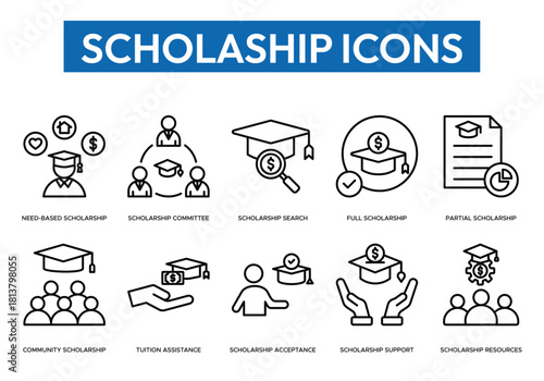 Clean outline icon set illustrating scholarship search, funding, acceptance, committee, tuition assistance, and resources. Perfect for education apps, websites, presentations, and infographics.