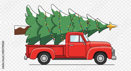 Festive red pickup truck transporting a decorated Christmas tree for winter holidays celebrations
