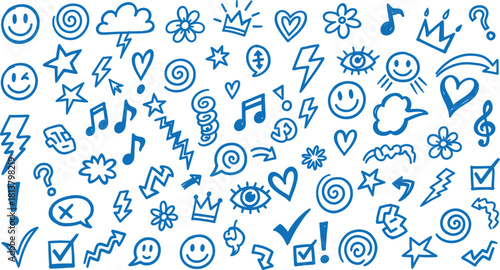 Hand drawn doodle icons pattern blue sketch symbols collection