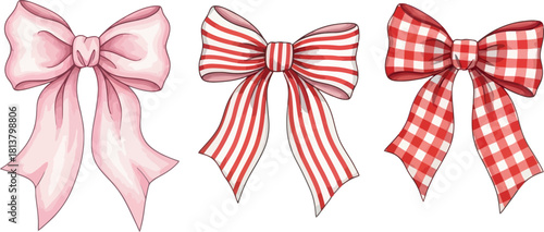 Illustrative set of pink, striped, and gingham ribbon bows design
