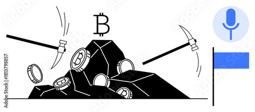 Pickaxes extracting bitcoins from rocks, symbolizing mining and digital currency creation. Ideal for cryptocurrency, blockchain tech, innovation, finance, investment, economy, business technical