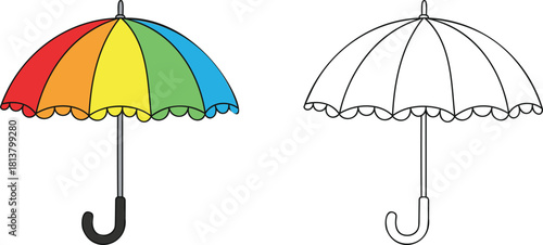 Rainbow Umbrella and Outline Umbrella Side by Side black and white comparison