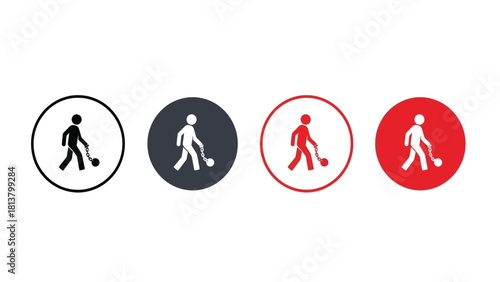 Ball and Chain Restriction Icon Set: Vector Illustration of a Person Walking While Dragging a Heavy Burden or Debt Symbol