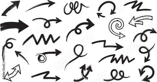 Set of hand drawn sketchy doodle arrows pointing in various directions