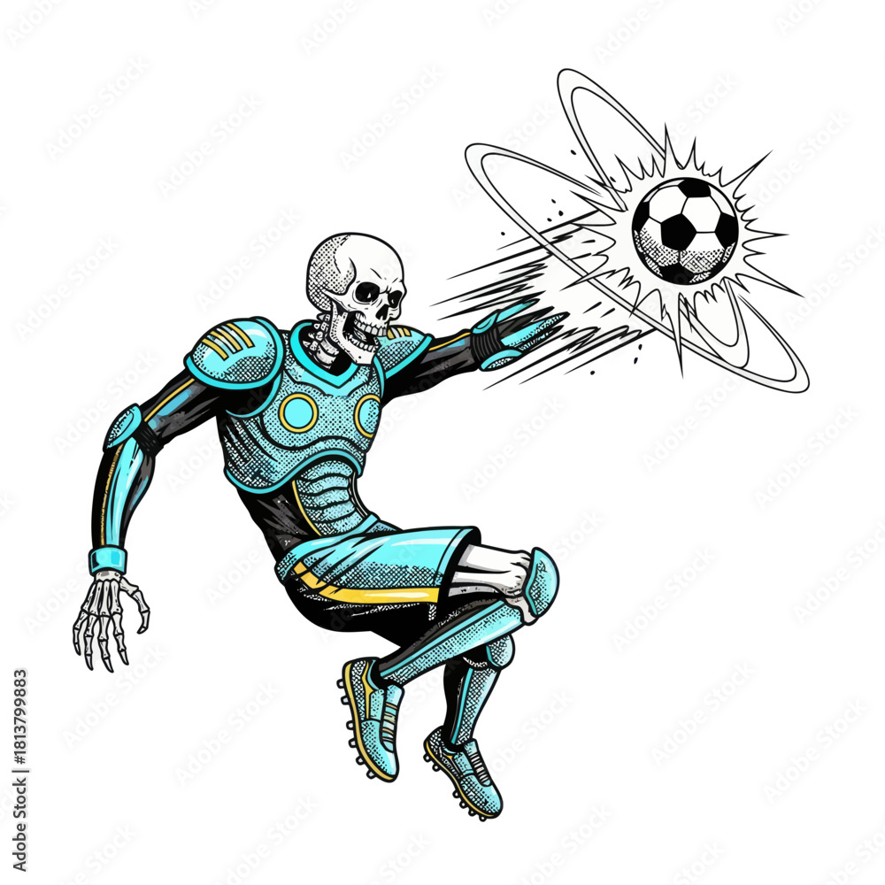 Obraz premium Futuristic Skeleton Kicking Soccer Ball with Energy.