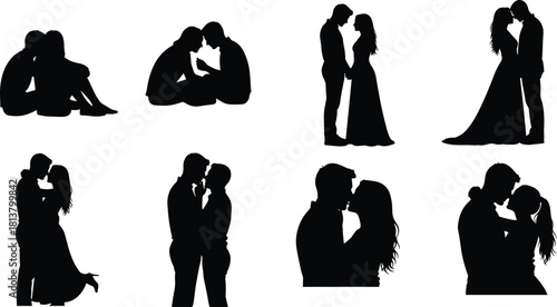Collection of romantic couple silhouettes showing deep love, kissing, tenderly embracing, sitting together, and expressing intense passion for dating, marriage, and relationship vector graphics.