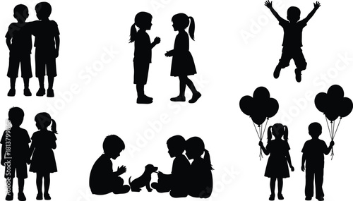 Collection of young children and puppy silhouettes interacting, playing, embracing, jumping high with joy, and holding balloons, emphasizing happy, social childhood friendship and fun.