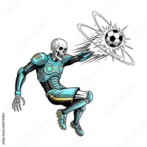 Futuristic Skeleton Kicking Soccer Ball with Energy.