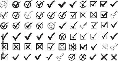 Collection of diverse checkmark and cross symbols in many styles