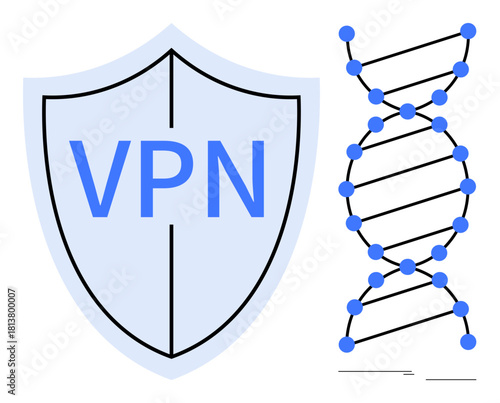 Shield labeled VPN symbolizes cybersecurity next to DNA helix representing genetic data. Ideal for data protection, privacy, encryption, healthcare, internet safety, technology, scientific research
