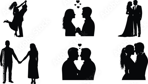 Set of romantic and intimate couple silhouettes showing deep love, holding hands, embracing, kissing, and celebrating passionate connection for dating and wedding themes.