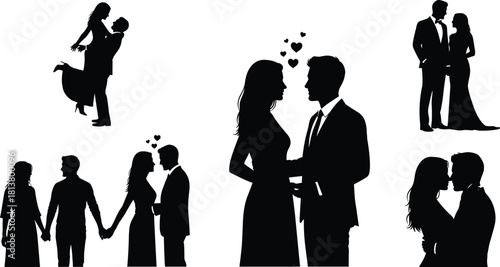 Collection of romantic couple silhouettes in love, featuring wedding poses, embracing, holding hands, and expressing deep affection for marriage and relationships.