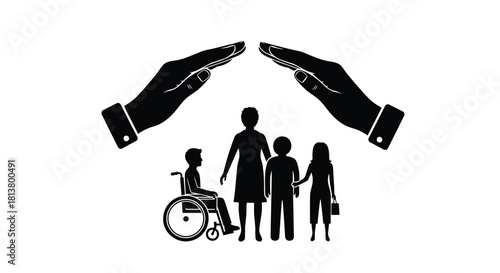 Protecting family hands shielding a diverse group including a person in a wheelchair