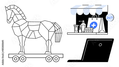 Trojan horse model on wheels near 247 online pharmacy store, pills, laptop symbolizing cyberattack risks. Ideal for cybersecurity awareness, e-commerce, health tech, threats, online safety, digital