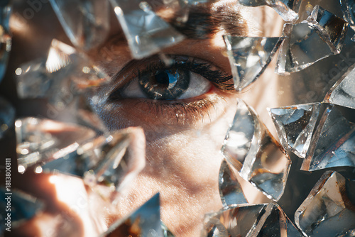 Close up view of eyes looking through broken glass pieces in a dramatic artistic concept