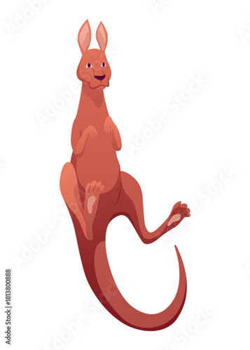 Kangaroo character posing. Adult kangaroo with pouch jumping. Vector flat cartoon animal of australian fauna and wildlife, isolated on white background