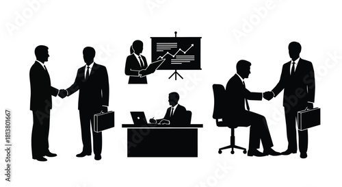 Business professionals in a meeting presentation and negotiation settings illustrated