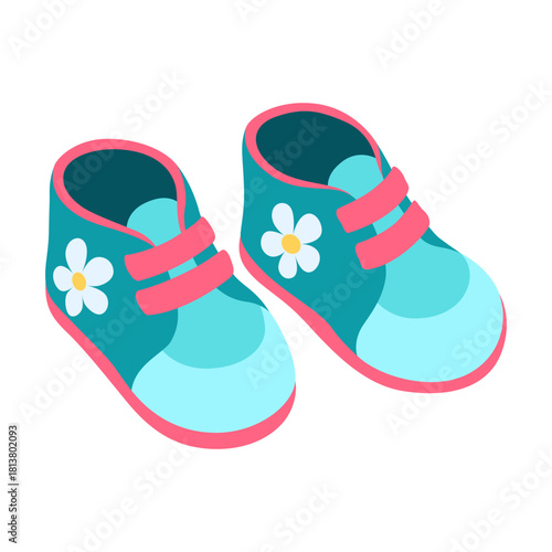 Bright footwear for little children, Cheerful colored shoes for infants with floral motifs, Cute turquoise baby sneakers decorated with flower patterns and Velcro