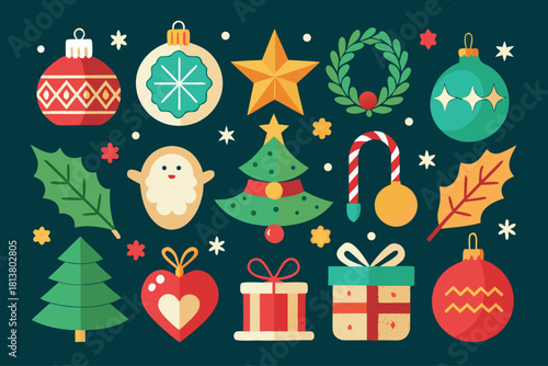 Flat Vector Christmas Icons Set: Ornaments, Tree, Gifts, and Star