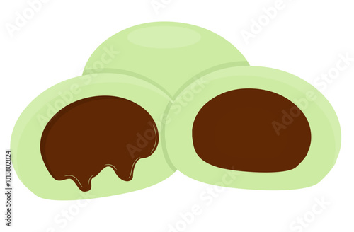 Illustration of green mochi with chocolate fillng