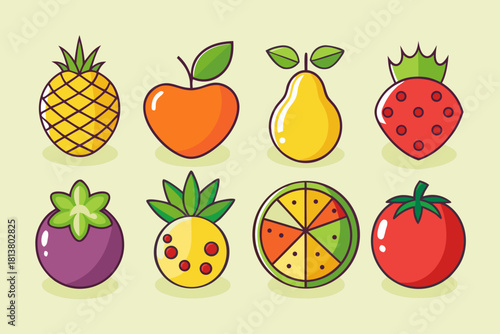 Outline Style Fresh Fruit Icons Set - Healthy Food Vector Collection