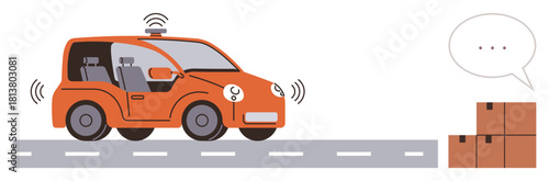 Self-driving car with sensors navigating a road toward stacks of parcels. Ideal for automation, logistics, technology, delivery, innovation, smart transportation, robotics. Minimalist flat metaphor