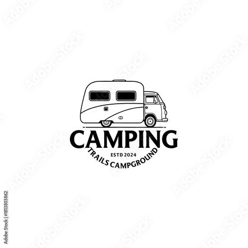 A collection of campground logos blending classic badge elements and camper illustrations, capturing the spirit of travel and exploration.
