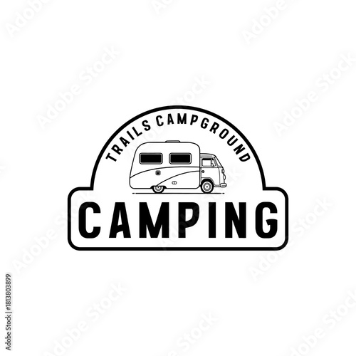 A collection of campground logos blending classic badge elements and camper illustrations, capturing the spirit of travel and exploration.