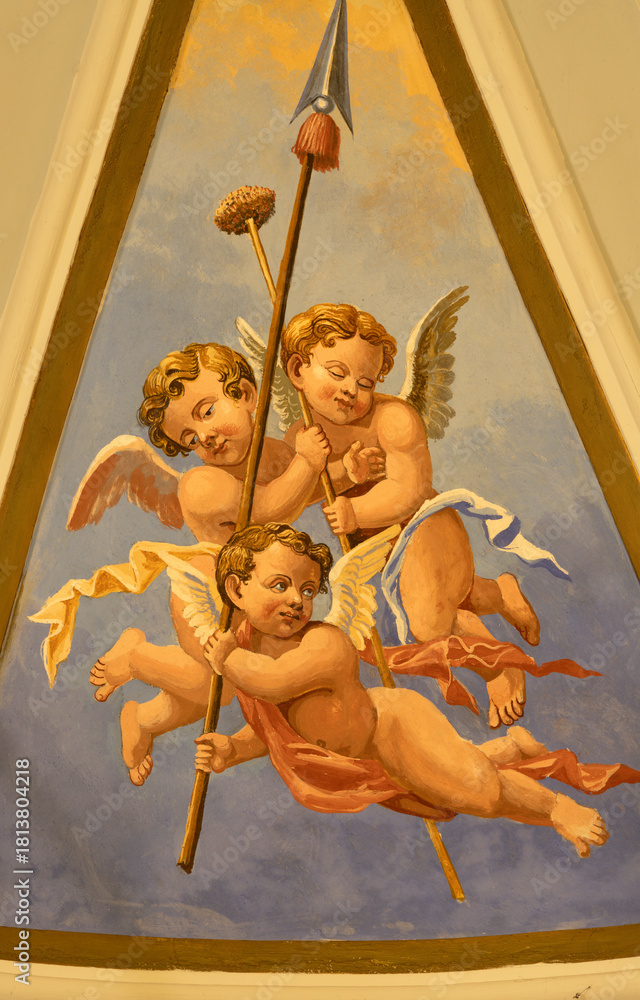 Obraz premium PRAIANO, ITALY - OCTOBER 6, 2025: The fresco of angels with the instruments of crucifixion (spear, sponge) in the side cupola of church Chiesa di san Gennaro by unknown artist of 20. cent.