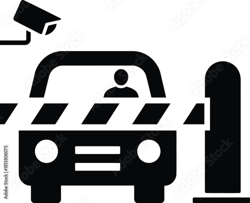 Car at Security Checkpoint with Barrier and Surveillance Camera