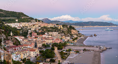 Fototapeta Naklejka Na Ścianę i Meble -  Vietri sul mare - Amalfi coast - The city panorama with the coast at dusk.