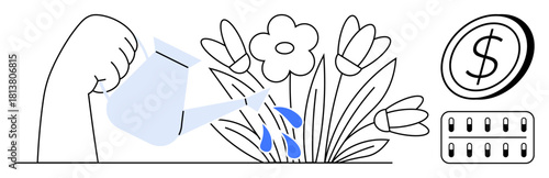 Hand pouring water on flowers growing alongside a coin and progress bar. Ideal for growth, nurturing, investment, progress, financial planning, business development, sustainable practices. A simple