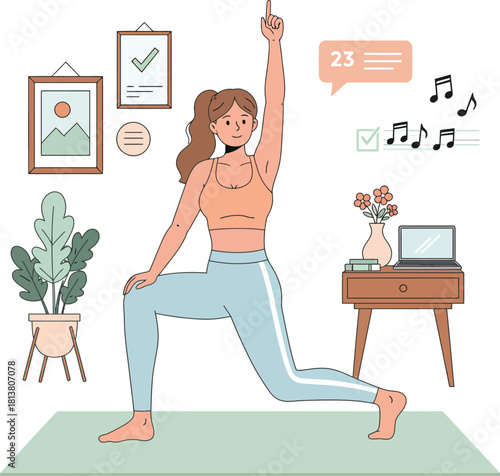 Young woman practicing yoga warrior pose in a brightly lit room with plants and music