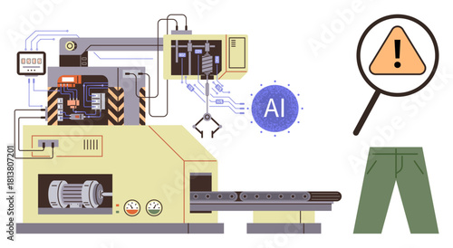 Industrial AI-driven robot with conveyor, control system, magnifier identifying flaws in pants. Ideal for innovation, technology, automation, manufacturing, efficiency, quality control modern