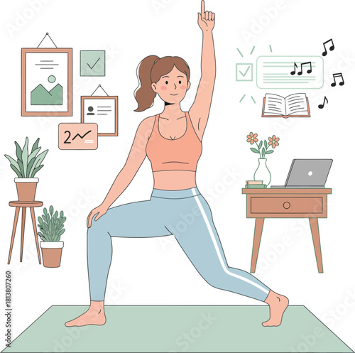 Woman practicing yoga warrior pose at home with online class on laptop and music notes