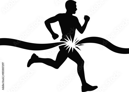Male runner breaks finish line tape competition victory black silhouette