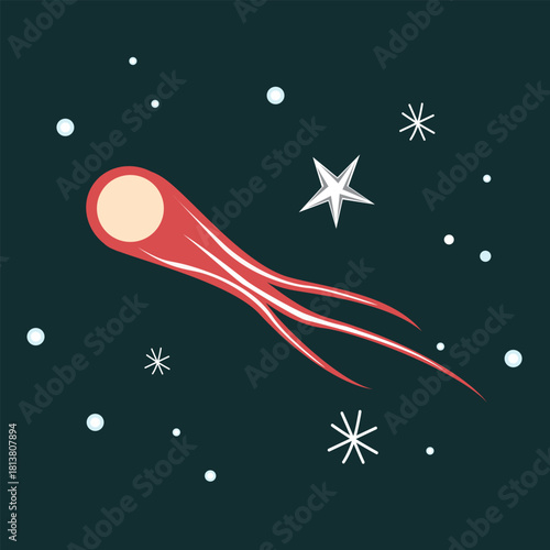 A stylized illustration of a star with a red body and white tail, set against a dark background with white stars and circles, representing the journey of conception