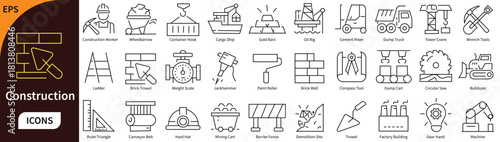 Construction Line Icons Set. Building Industry, Heavy Machinery, Engineering Tools, and Industrial Worker Vector Symbols.