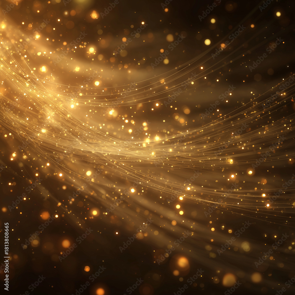 Obraz premium golden light particles and flowing spark trails on dark background for festive design