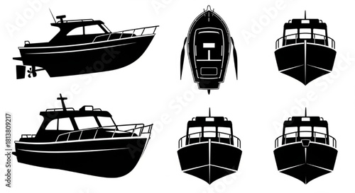 Boat Silhouette Vector Illustration Showing Side, Top, and Front Views in Minimal Marine Design Style

