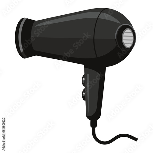 Modern electric Hair dryer. Black hairdryer. Isolated vector illustration on white background. Perfect for icon, logo, emblem, banner, label