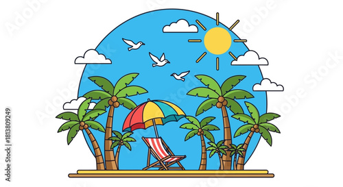 Idyllic tropical beach illustration with palm trees, beach chair, colorful umbrella, sun, clouds, and flying birds.