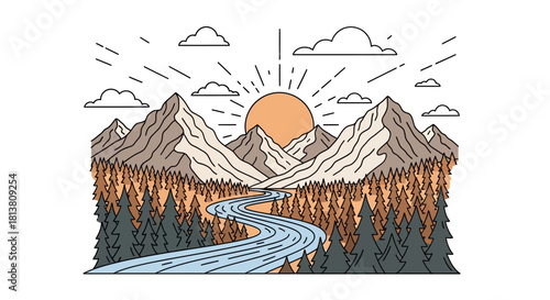 Minimalist mountain landscape illustration featuring a winding river, dense forest, and a vibrant sunrise or sunset.