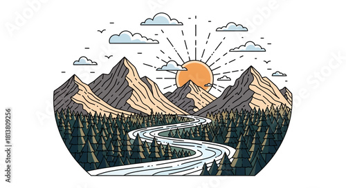 Scenic mountain river landscape with pine forest, sunrise, and clouds. outdoor nature adventure illustration vector.