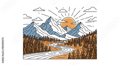 Scenic mountain landscape illustration with winding river, pine forest, and rising sun or setting sun graphic