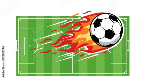Fiery soccer ball speeding over a green football field, dynamic action sports game concept illustration