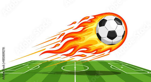 Flaming soccer ball in motion over a vibrant green football field, symbolizing speed, power, and goal