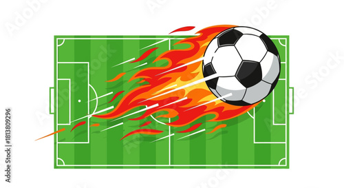 Flaming soccer ball speeding across a vibrant green football field with intense fiery trails overhead.