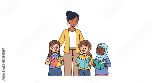 Diverse teacher and three happy elementary school children joyfully reading books together, promoting education and learning.